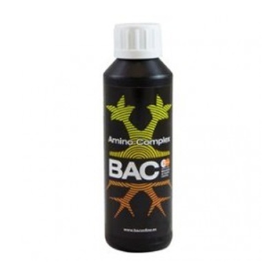 Frasco preto de plástico com tampa branca e rótulo colorido Bac