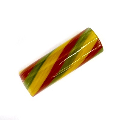 Peça plástica cilíndrica com riscas diagonais vermelho, amarelo e verde