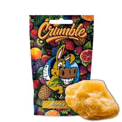 Embalagem colorida Crumble Blondie com desenho de burro e frutas e pedaço amarelo do produto