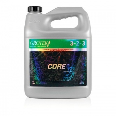 Recipiente cinzento de plástico de 4L com fertilizante Grotek CORE e rótulo colorido