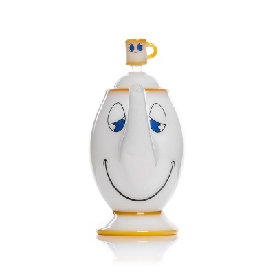 Bule de porcelana com carinha sorridente e tampa em forma de chávena