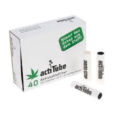 Caixa de filtros activados actTube para fumo, brancos com texto Preto embalada na caixa branca com texto preto e verde