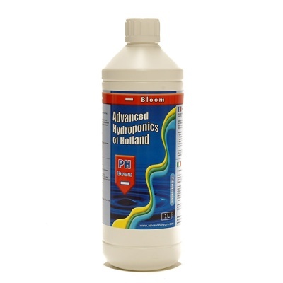 Garrafão branco com rótulo azul e vermelho Advanced Hydroponics of Holland PH Down 1L