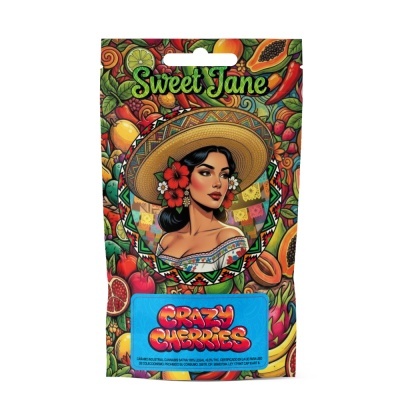 Embalagem colorida Sweet Jane Crazy Cherries com mulher e frutas