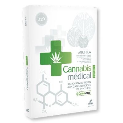 Embalagem branca com cruz verde e folha de cannabis, texto em francês e fórmulas químicas.