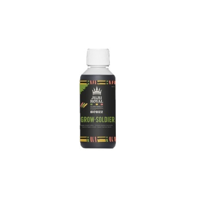 Frasco preto com tampa branca e rótulo Grow Soldier JUJU ROYAL.