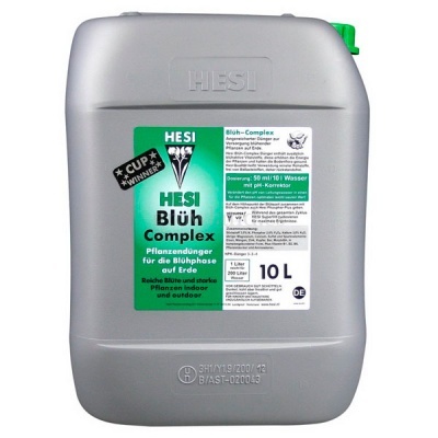 Recipiente cinzento com etiqueta verde e branca de fertilizante para plantas HESI Blüh Complex