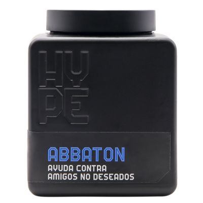 Frasco preto quadrado com tampa preta e rótulo com texto em azul e branco ABBATON