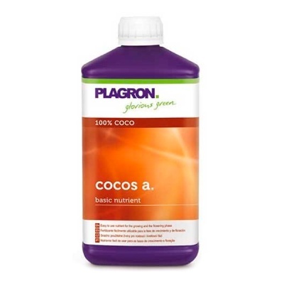 Frasco roxo com rótulo branco e laranja do produto PLAGRON 100% COCO cocos a. basic nutrient.