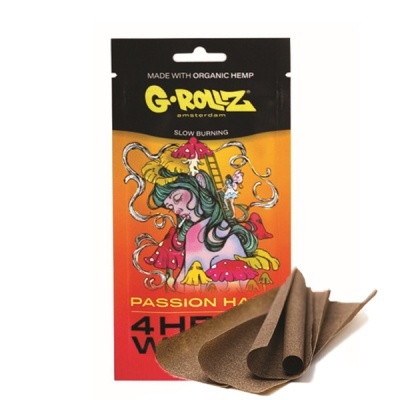 Pacote de papel para enrolar G-ROLLZ com ilustração colorida e folhas marrom dobradas
