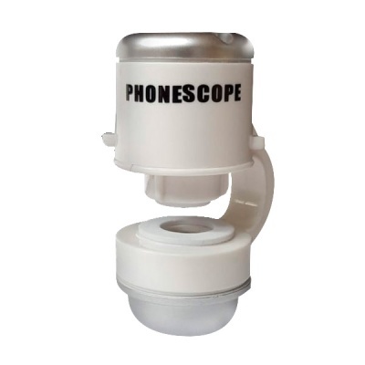 Microscópio portátil branco PHONESCOPE com design compacto