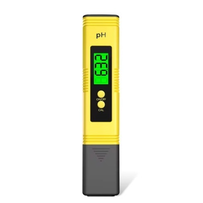 Medidor de pH digital amarelo com visor e botões