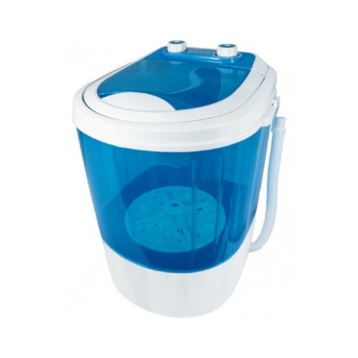 Máquina de lavar portátil azul e branca com tampa azul e duas válvulas