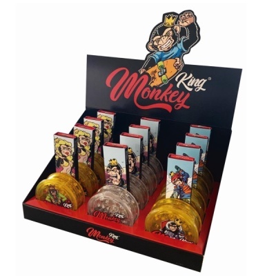 Expositor com rolos de fumo King Monkey amarelos e cinza com embalagens ilustradas