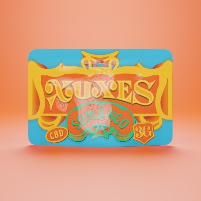 Embalagem colorida com texto 'XOLOYES', 'SOMANGO', 'CBD' e '3G' em fundo cor de pêssego