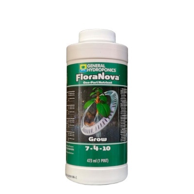 Frasco plástico branco FloraNova General Hydroponics com rótulo verde e planta.