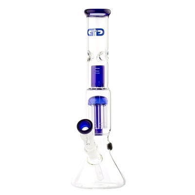 Bong de vidro transparente com detalhes azuis e logotipo GRACE GLASS