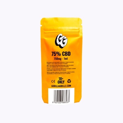 Embalagem amarela de produto com texto preto 75% CBD 750mg - 1ml GG