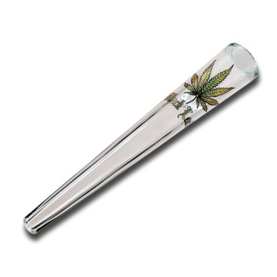 Piteira de vidro transparente com folha de cannabis e texto