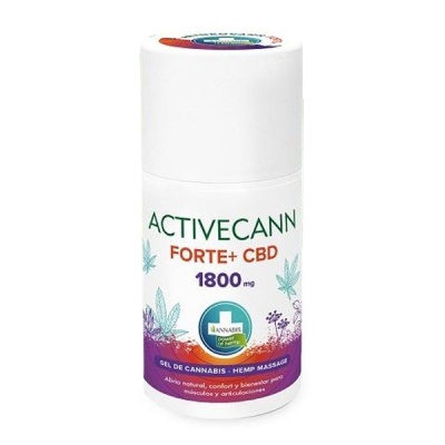 Frasco branco de gel de cannabis ACTIVE CANN com rótulo colorido para massagem