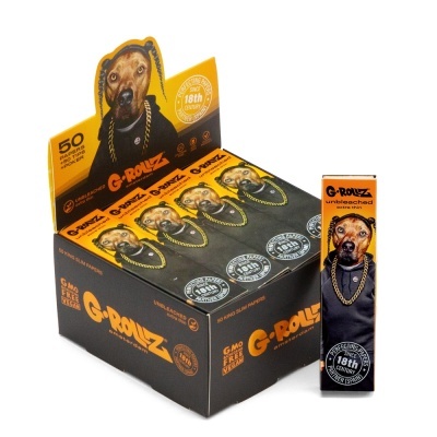 Pacotes de papel unbleached extra thin com ilustração de cão e caixa G-ROLLZ