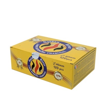 Caixa amarela de carvão Golden River para queima longa 120 peças 40mm