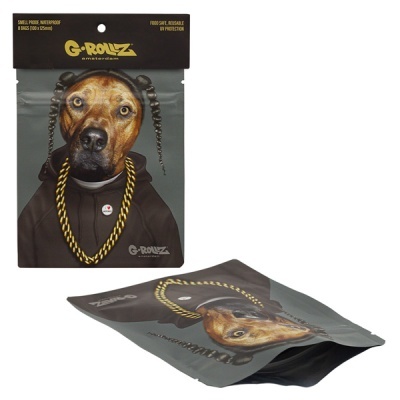 Embalagem G-ROLLZ amsterdam com ilustração de cão com hoodie e corrente dourada