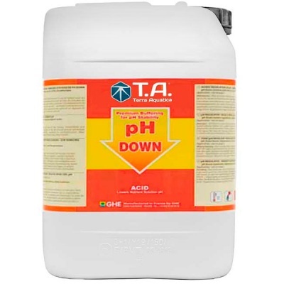 Recipiente branco com tampa preta e etiqueta vermelha e amarela com texto pH DOWN