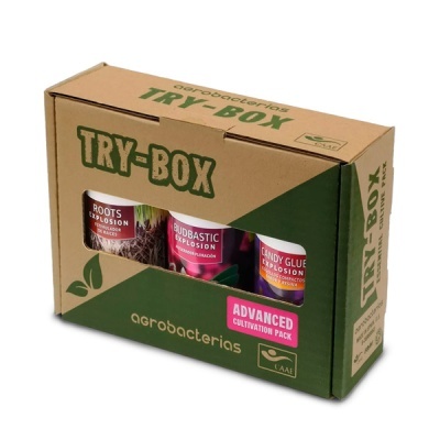 Caixa de cartão TRY-BOX com três frascos de produtos agrícolas