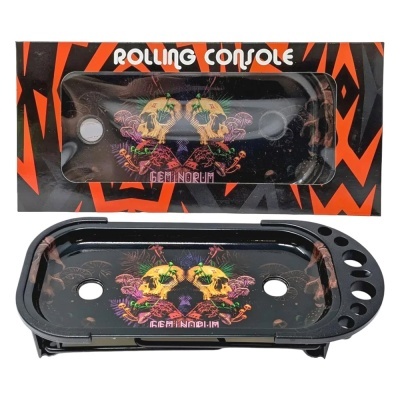 Console para enrolar com design de caveiras e cogumelos e embalagem preta com padrão laranja