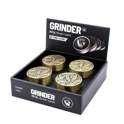 Quatro grinders metálicos dourados em caixa preta com texto e logotipo.