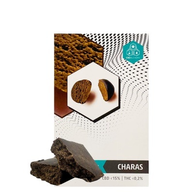 Embalagem do produto Charas com pedaços de resina castanha escura à frente