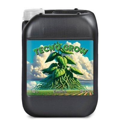 Recipiente preto de 10 litros com rótulo azul com planta verde e texto TECNÔ GROW.