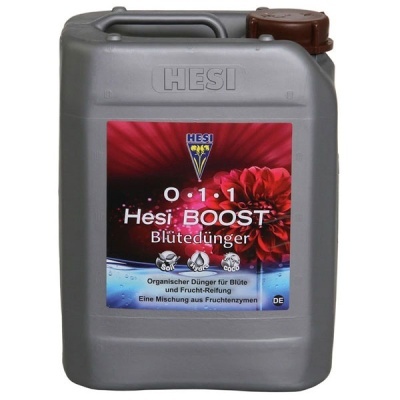 Recipiente cinzento de produto Hesi BOOST Blütendünger com rótulo colorido e tampa castanha