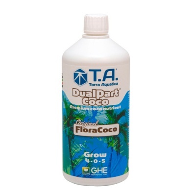Frasco branco de fertilizante líquido Dual Part Coco de 1 litro com rótulo azul e folhas verdes