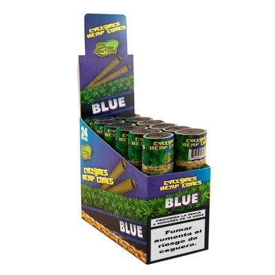 Expositor de cones Cyclones Hemp Cones Blue com aviso de saúde