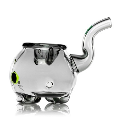Cachimbo de vidro transparente em forma de rato com olhos amarelos e pretos e bocal curvo