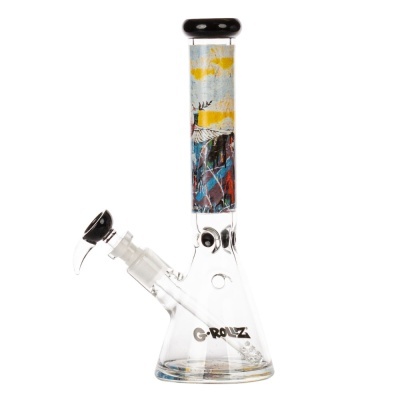 Bong de vidro transparente com decoração colorida e texto G-ROLLZ