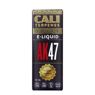 Embalagem preta de e-líquido CALI TERPENES AK47 com texto dourado e vermelho