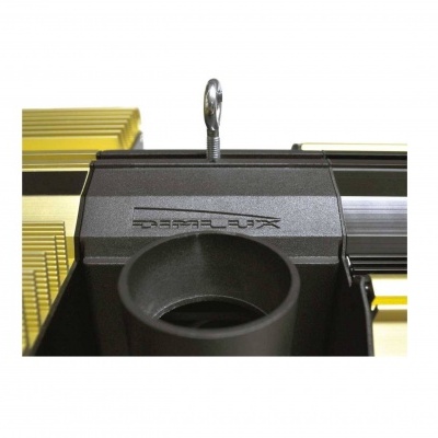 estrutura metálica preta com suporte cilíndrico e gancho em fundo amarelo