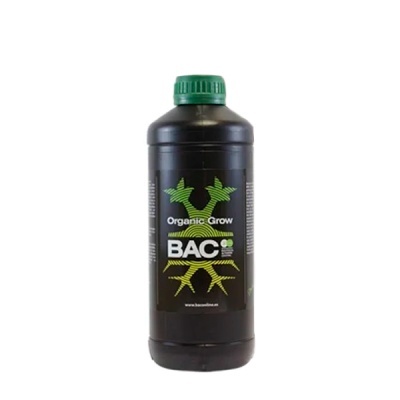Frasco preto com tampa verde e etiqueta BAC Organic Grow