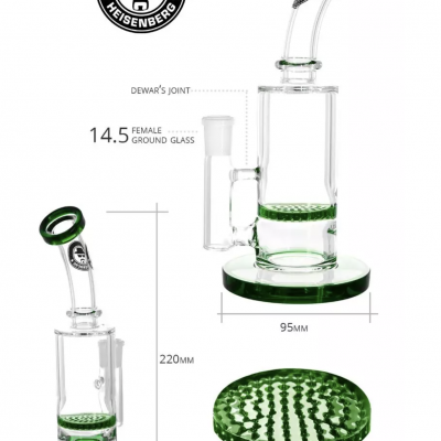 Bong de vidro translúcido com detalhes verdes e percolador em favo de mel