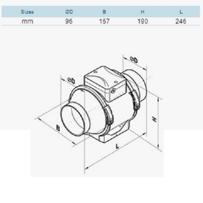 Desenho técnico com medidas de dispositivo cilíndrico com tampa quadrada e duas abraçadeiras