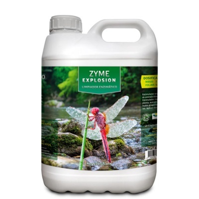 Recipiente plástico branco com rótulo verde e amarelo com libélula vermelha e texto ZYME EXPLOSION LIMPIADOR ENZIMÁTICO
