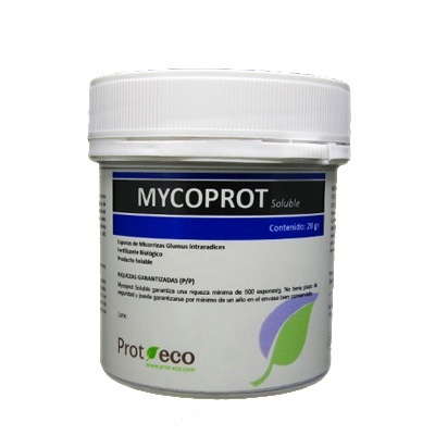 Recipiente branco com tampa e rótulo do produto Mycoprot Soluble da Prot Eco