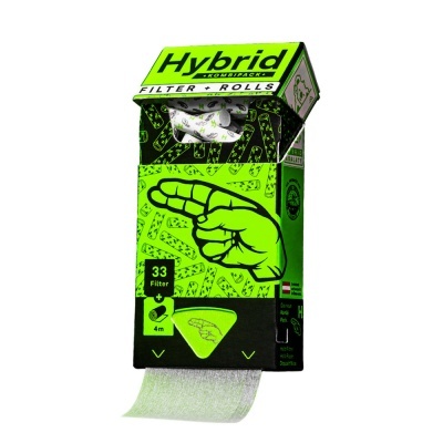 Embalagem verde e preta com desenho de mão e texto Hybrid KOMBI PACK, filtros e um rolo de papel saindo da caixa