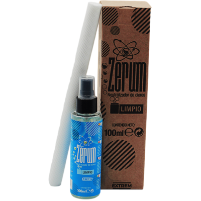 Spray neutralizador de odores Zerum Extrem com embalagem azul e caixa castanha