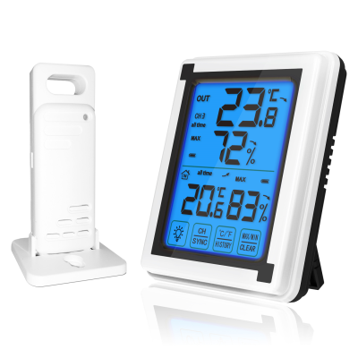 Termômetro digital branco com ecrã LCD azul que mostra temperatura e humidade