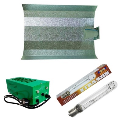 Kit de iluminação para cultivo com refletor metálico, queimador verde e lâmpada XTRASUN 400W.