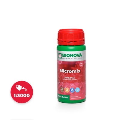 Frasco BIONOVA Micromix minerais com tampa vermelha e rótulo verde e vermelho